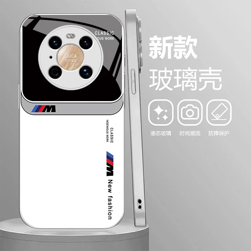 英文宝马玻璃壳适用华为mate40Pro手机壳新款简约商务mate60/70外壳防摔全包不顶膜创意小众mate50手机套男款
