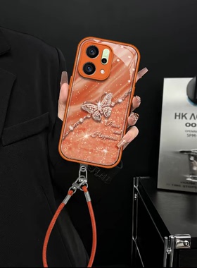 布纹蝴蝶橙色水凝壳适用OPPOReno14手机壳新款简约高颜值Reno13外壳硅胶防摔Reno14Pro带手链保护壳女款