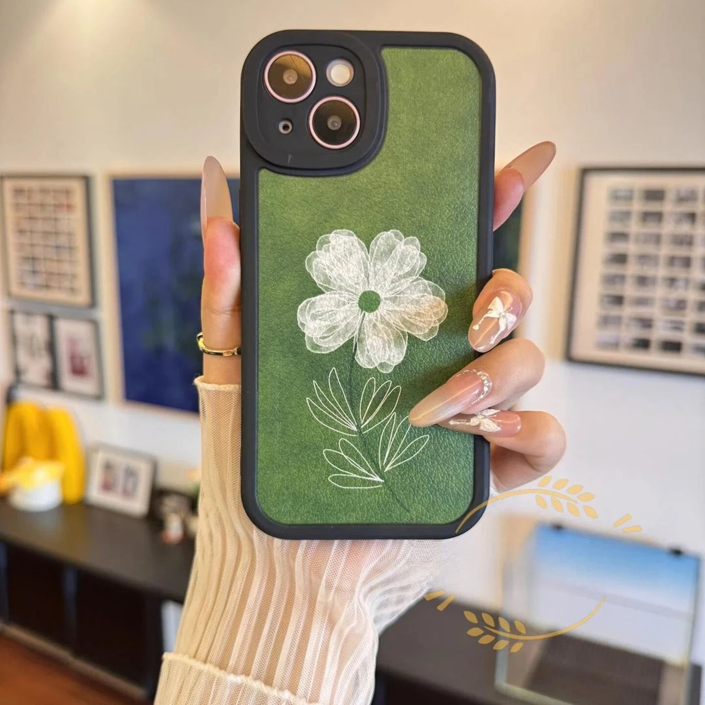 绿底小花tpu软壳适用苹果iPhone/华为荣耀/OPPO/vivo/小米/红米手机壳简约软壳带手链苹果15pro保护套女款