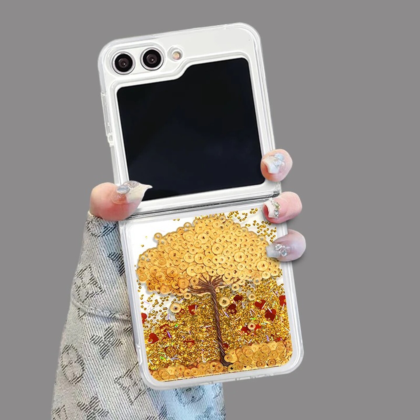 摇钱树折叠流沙壳适用三星zflip5手机壳新款简约高级三星zflip6外壳硅胶防摔金色流沙三星zflip7透明保护套女