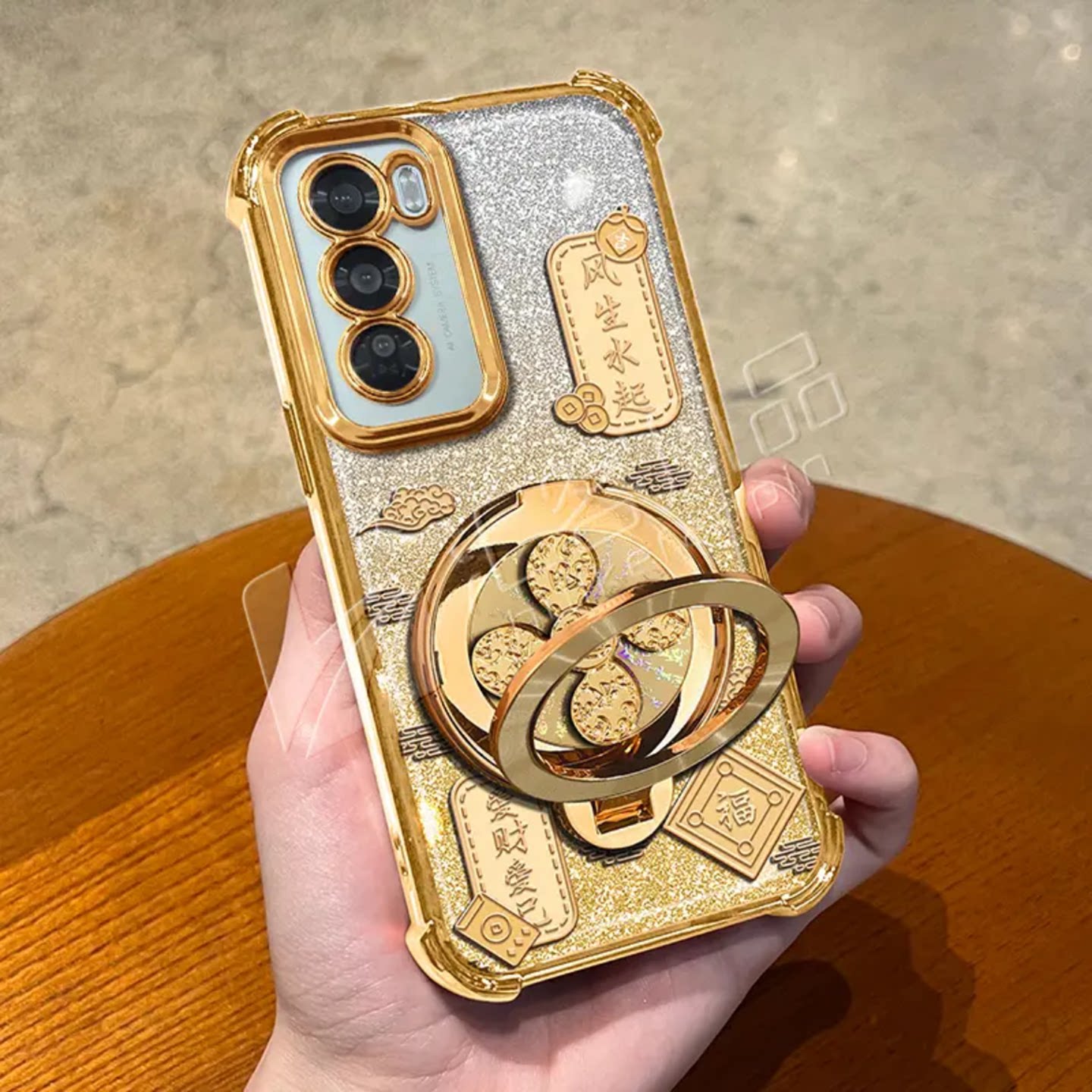 祥云风生水起电镀防摔壳适用OPPOReno12手机壳新款高级Reno11外壳金色闪卡多功能支架Reno12Pro手机套女款