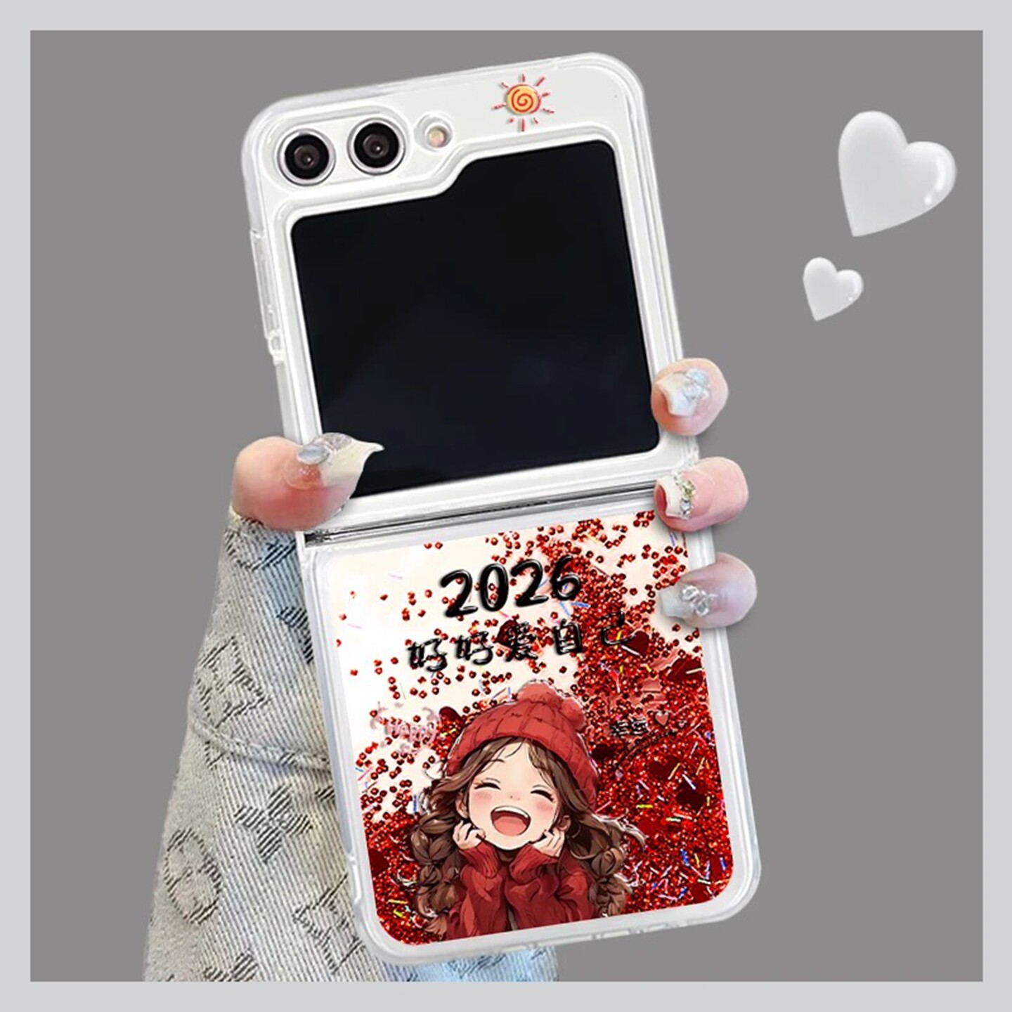 2026好好爱自己适用三星zflip5手机壳新款简约好看三星zflip6外壳硅胶防摔红色流沙三星zflip7透明保护套女款