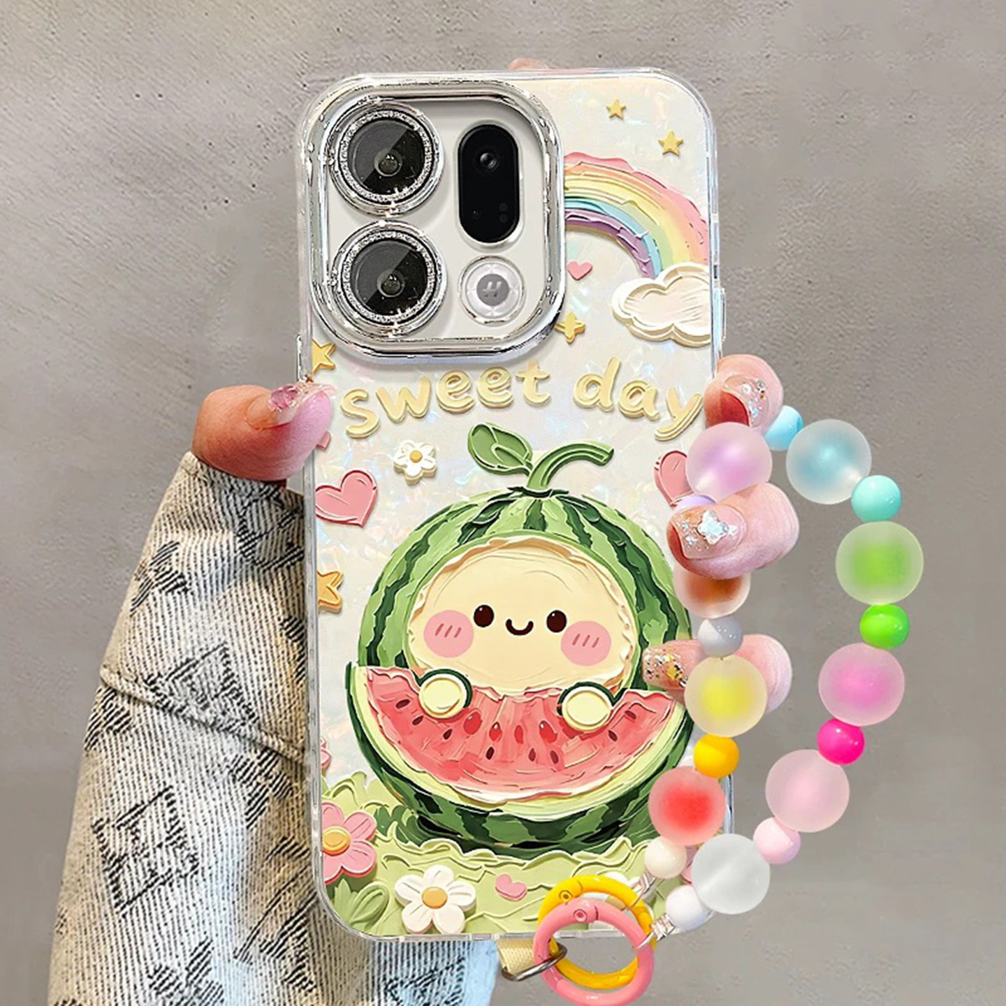 油画感夏日西瓜贝壳纹适用opporeno15手机壳新款简约高颜值reno16/reno14外壳多巴胺手链镜头膜防摔保护套女