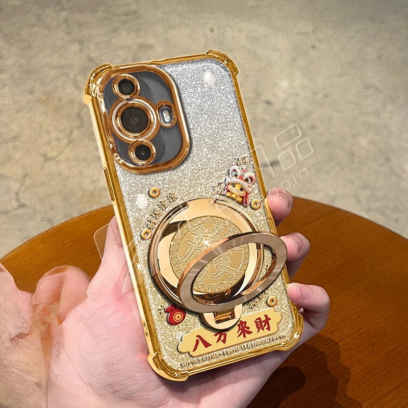 马年八方来财适用华为nova12活力版手机壳新款金色电镀四角防摔外壳防摔气囊發字旋转支架nova14Pro保护套女