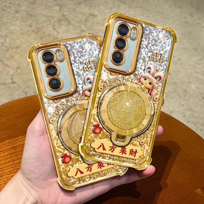 马年八方来财适用OPPOReno12手机壳新款金色电镀四角防摔Reno13/10壳防摔气囊發字旋转解压陀螺支架保护套女