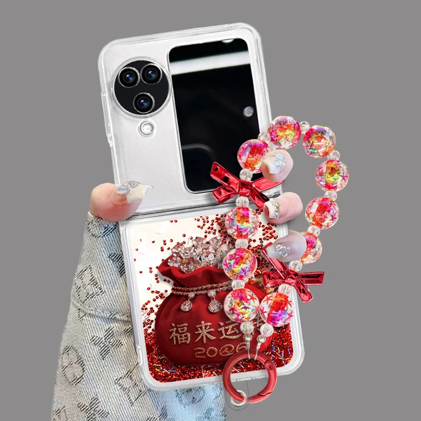 2026福来运转折叠流沙壳适用OPPOfindn3flip手机壳新款简约oppofindn2flip外壳硅胶防摔带手链透明保护套女款