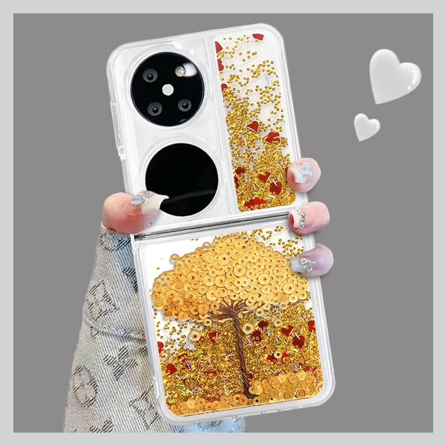 摇钱树折叠流沙壳适用华为pocket2手机壳新款简约高级华为novaflip外壳硅胶防摔金色流沙透明保护套女款