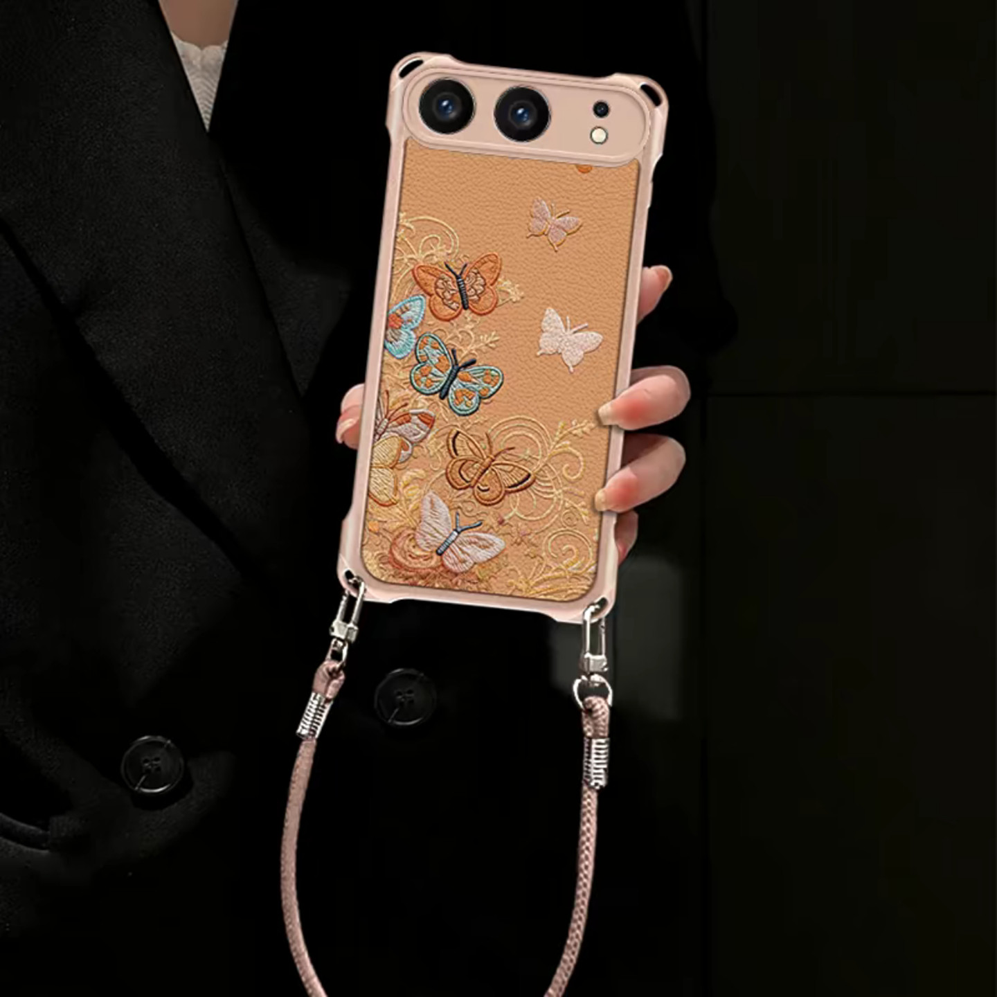 多彩蝴蝶四角挂绳壳适用荣耀500手机壳新款简约高颜值荣耀500/300/200外壳带手链镜子支架荣耀500pro保护壳女