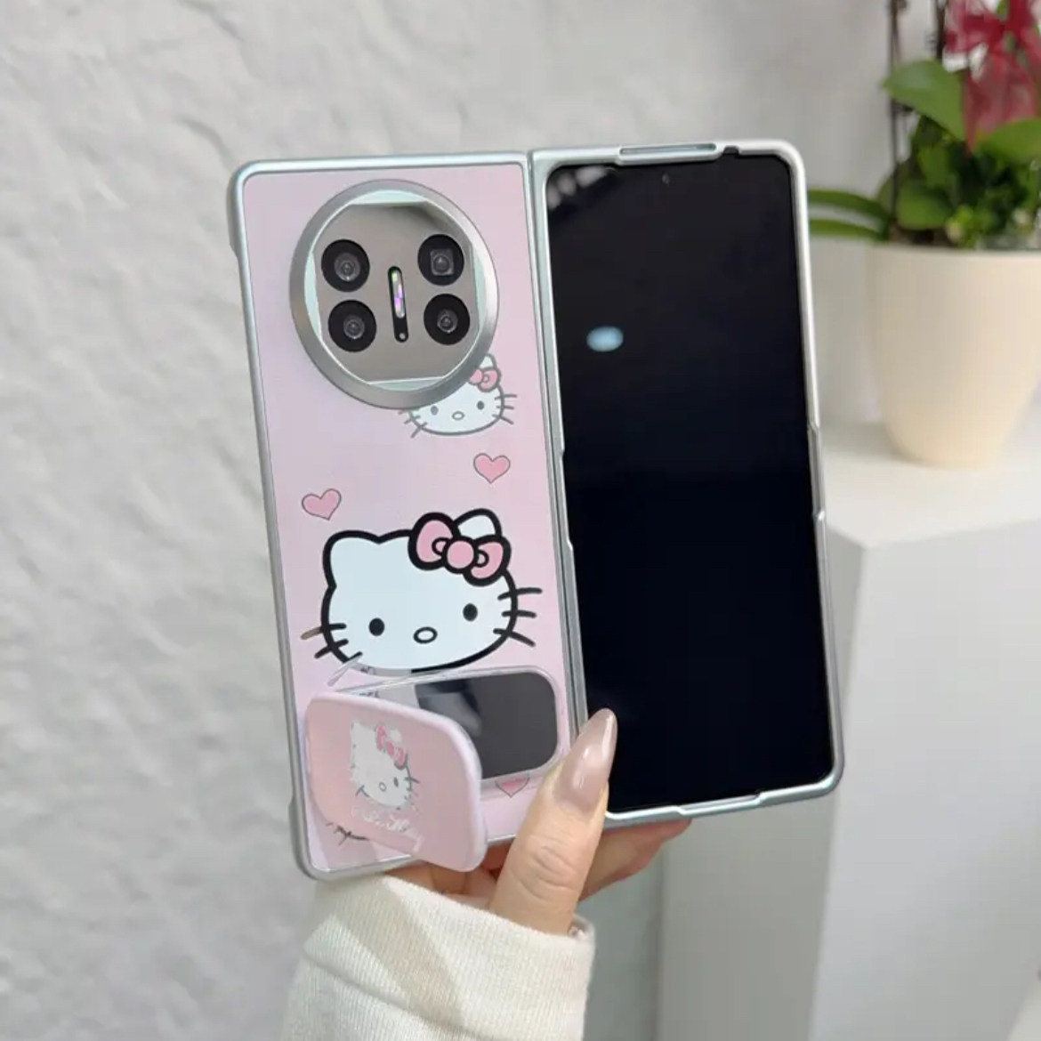 粉色凯蒂猫金属漆镜面折叠壳适用华为matex5手机壳新款可爱折叠屏超薄防摔化妆架支架matex3高颜值手机套女款