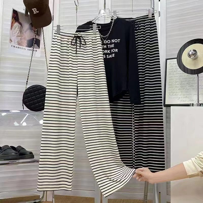 休闲裤女2024新款春季慵懒风垂感条纹阔腿裤子可外穿宽松睡裤长裤
