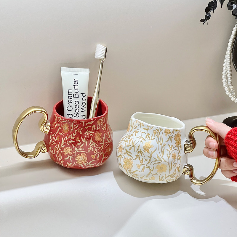 致范轻奢法式漱口杯化妆室小众复古洗漱杯陶瓷杯子情侣牙刷杯一对