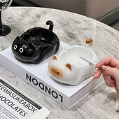 创意泰国猫陶瓷烟灰缸家用带盖子防飞灰办公室高级摆件可爱装 饰烟