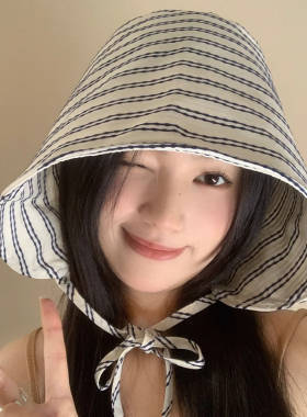 条纹大帽檐环绕式渔夫帽子女夏季防紫外线时尚遮阳百搭薄款防晒帽