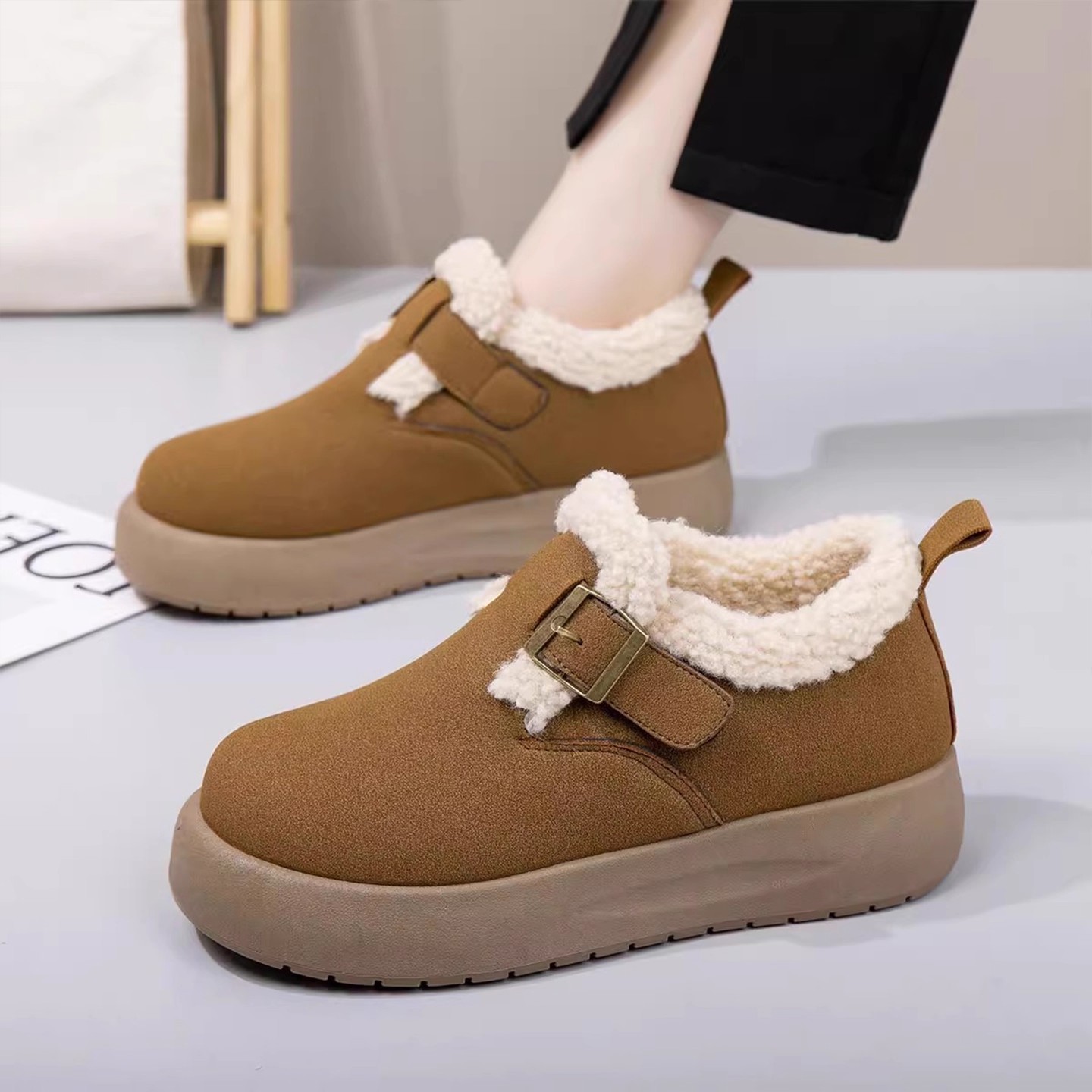 厚底勃肯鞋女款2025新款秋冬季增高加绒雪地靴全包一脚蹬毛绒棉鞋