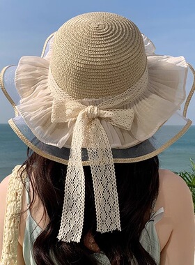 波浪边花朵编织草帽女夏季法式海边度假太阳帽大帽檐遮阳防晒帽子