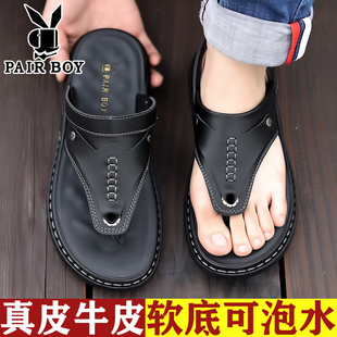 人字拖男士夏季防滑真皮厚底夹脚沙滩拖鞋男款海边黑色全牛皮凉鞋