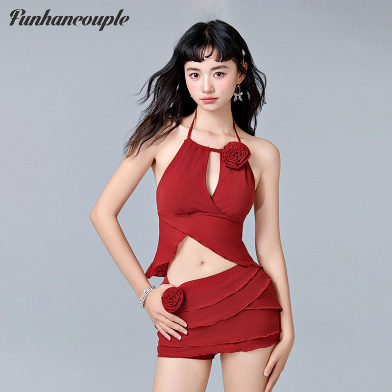 Funhancouple绝美分体泳衣女新款挂脖泰式纯欲小胸温泉红色比基尼