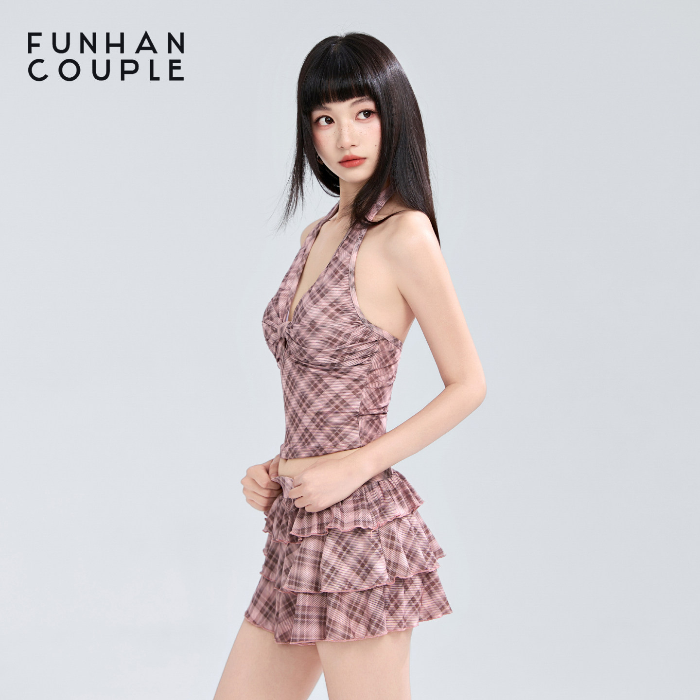 Funhancouple泳衣女新款性感修身显瘦小胸挂脖分体两件套温泉度假