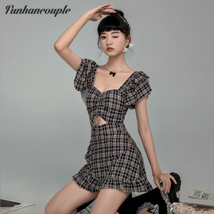 Funhancouple复古格子显瘦遮肚保守裙式 可爱泳衣女泡温泉连体泳装