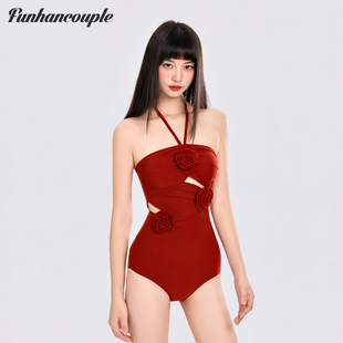 Funhancouple连体泳衣女2026新款 立体花朵温泉挂脖小胸比基尼绝美