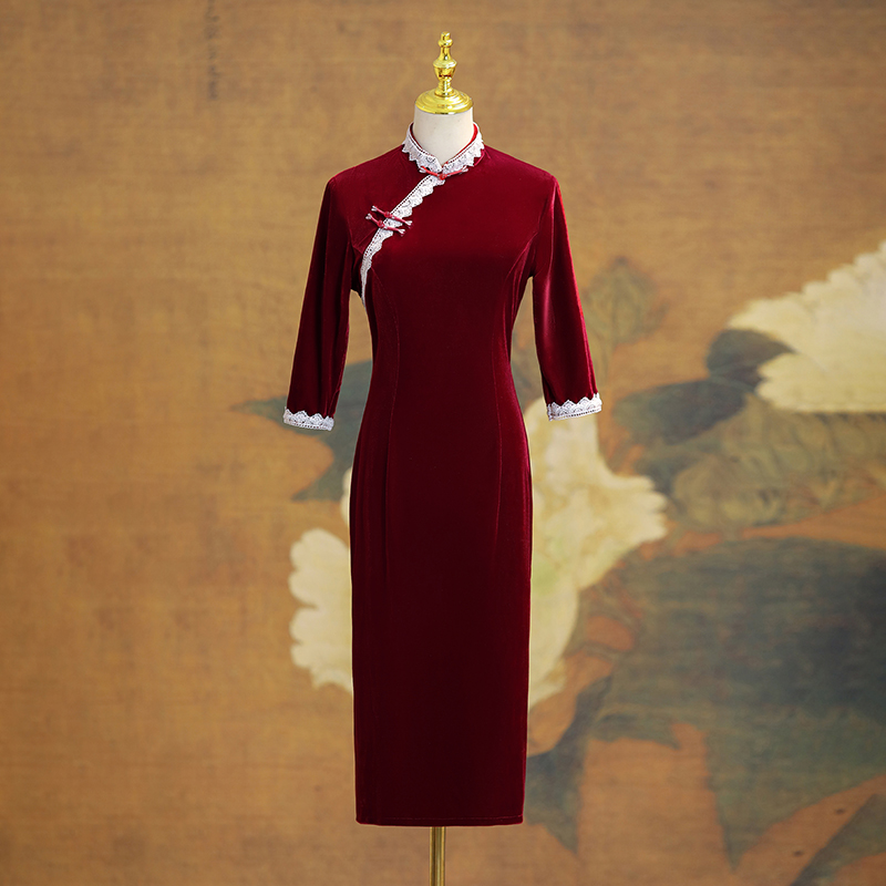 吾伴你复古婚宴中长款酒红色旗袍