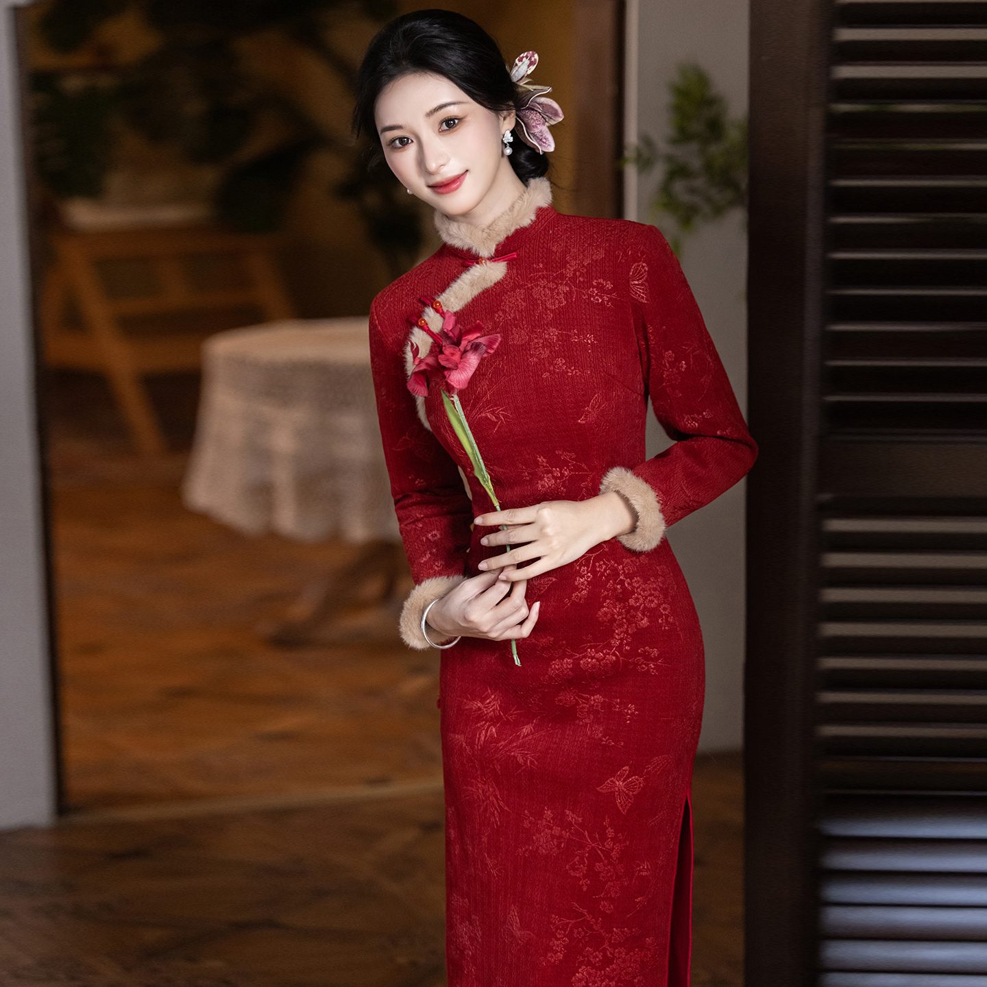 红色秋冬旗袍2025年新款加厚长袖