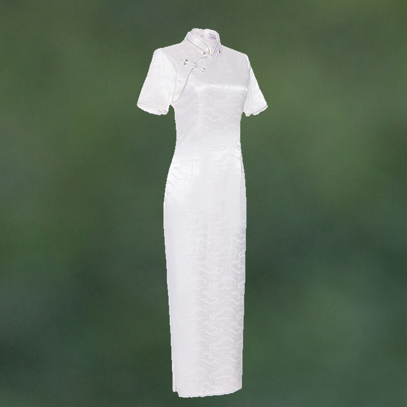 白色短袖提花复古日常长款旗袍裙