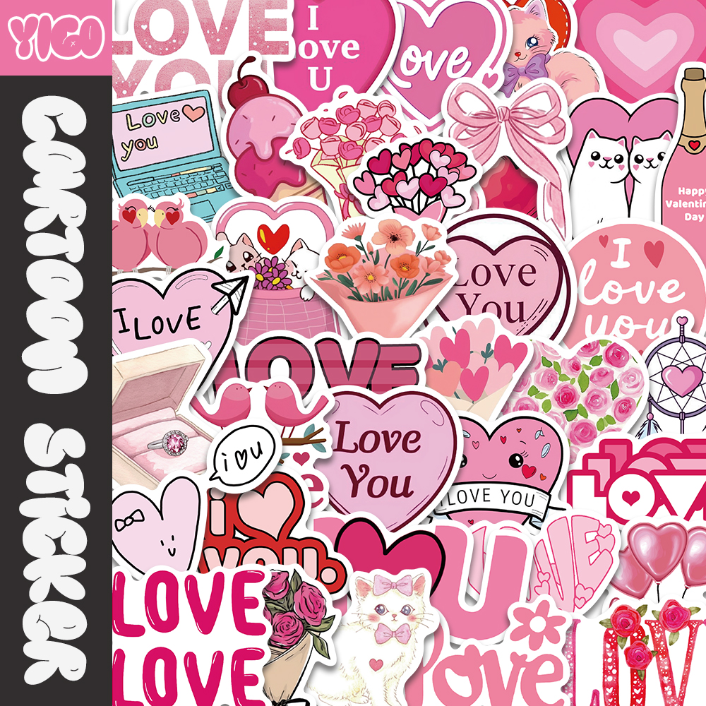 50张卡通可爱粉色情人节英文贴纸装饰水杯手机壳ipad防水diy贴画
