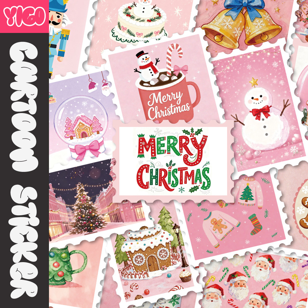50张粉色圣诞邮票贴纸装饰行李箱吉他水杯桌面笔记本电脑diy贴画