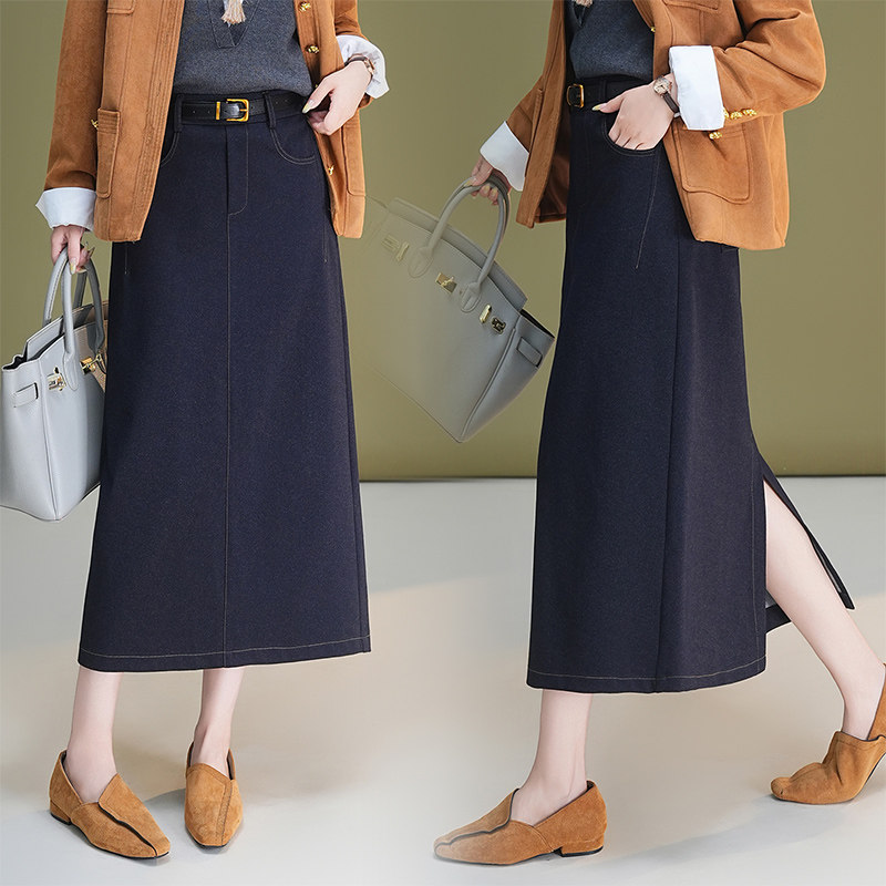 实拍牛仔蓝半身裙女秋季新款中长款休闲高腰遮胯小个子开叉包臀裙