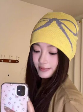 韩国ins蝴蝶结丝带印花毛线帽