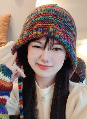 日系小众撞色彩虹毛线帽子