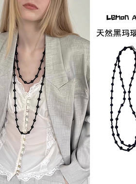 小众ins天然黑玛瑙项链玉石圆珠颈链叠搭配双层点睛手工制男女款