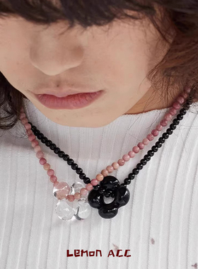 日韩风天然石串珠琉璃花朵项链小众设计黑玛瑙红纹石珠甜酷颈链女