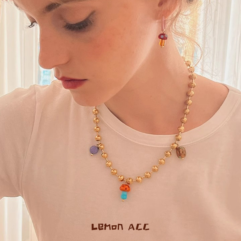 Et彩色手工琉璃金珠蘑菇项链情侣