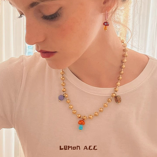 Lemon 小众设计Et彩色手工琉璃金珠蘑菇项链情侣可爱复古感锁骨链
