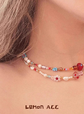 Lemon Et小众设计多巴胺彩色珐琅水晶波点蘑菇项链串珠琉璃锁骨链