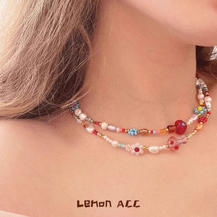 Lemon Et小众设计多巴胺彩色珐琅水晶波点蘑菇项链串珠琉璃锁骨链