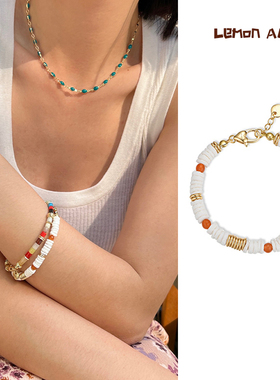 心跳白沙岛*天然玉石贝壳手链度假风爱心吊坠手作18k金串珠手串