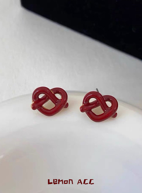Lemon 英国设计师同款 红色面包爱心Mini打结耳环精致耳钉耳饰女
