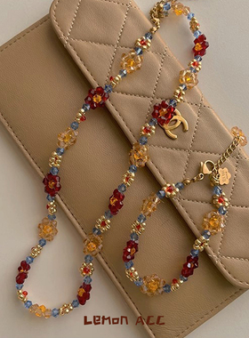 Lemon手工制法国Et彩色串珠水晶花朵项链锁骨夏日甜美百搭多巴胺