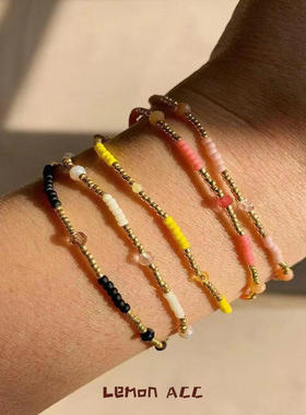 新款anni同款珍珠水晶米珠极细手链法式气质手工串珠彩虹中古手链