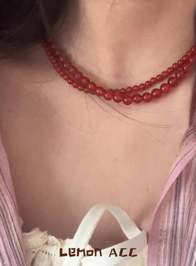 复古新中式国风天然红玛瑙项链女