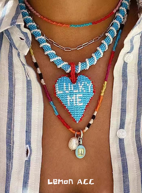 哥伦比亚Lucky Me幸运爱心项链双面字母手工串珠毛衣链女