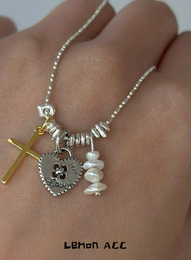 中古风碎银子十字架爱心项链