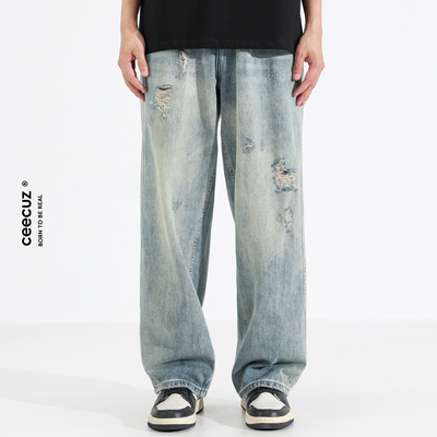 牛仔裤做旧水洗破洞美式复古长裤