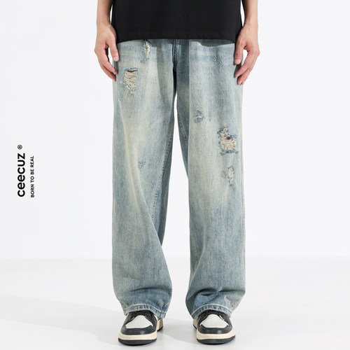 牛仔裤做旧水洗破洞美式复古长裤