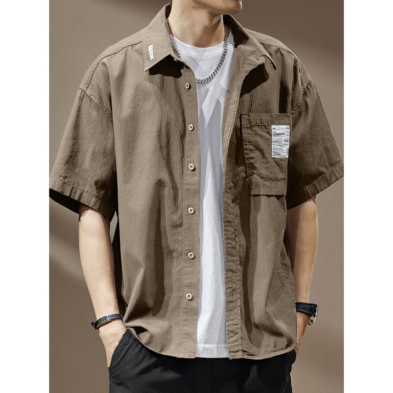 高端美式复古纯棉短袖衬衫男夏季薄款高级感宽松休闲工装衬衣外套