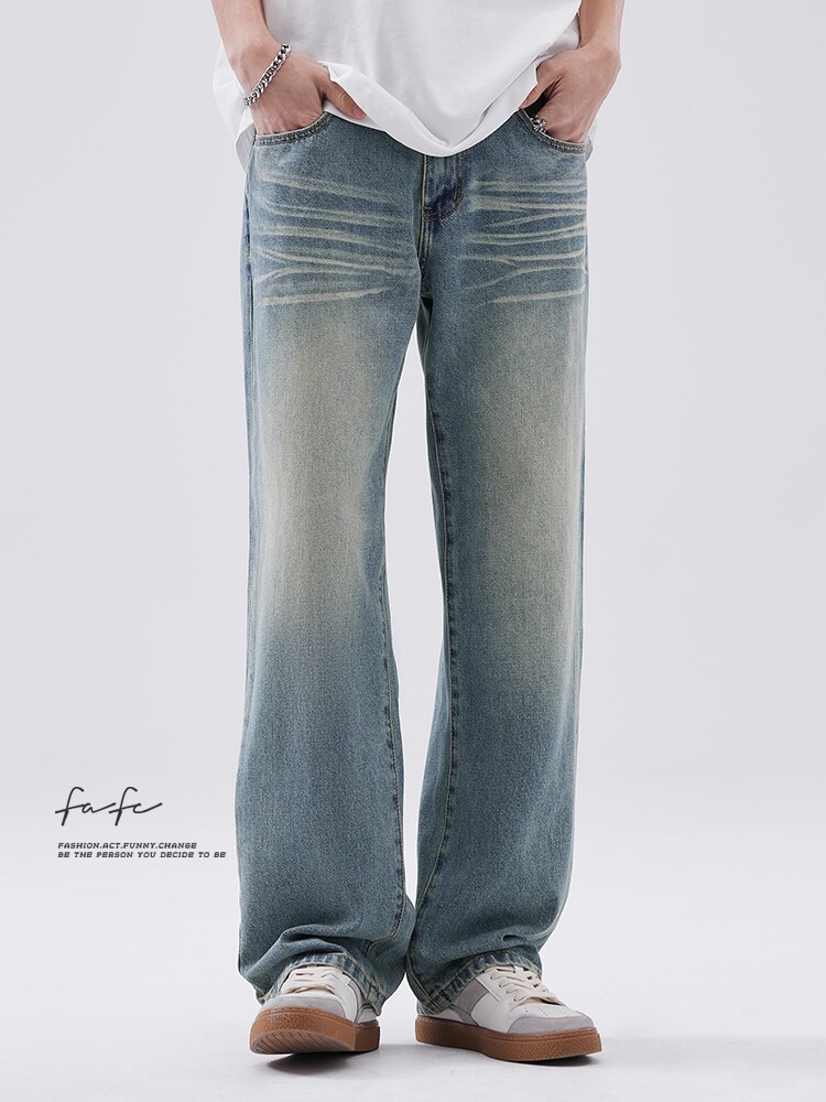 FAFC2024春秋季美式复古水洗做旧牛仔裤男宽松直筒阔腿休闲长裤子