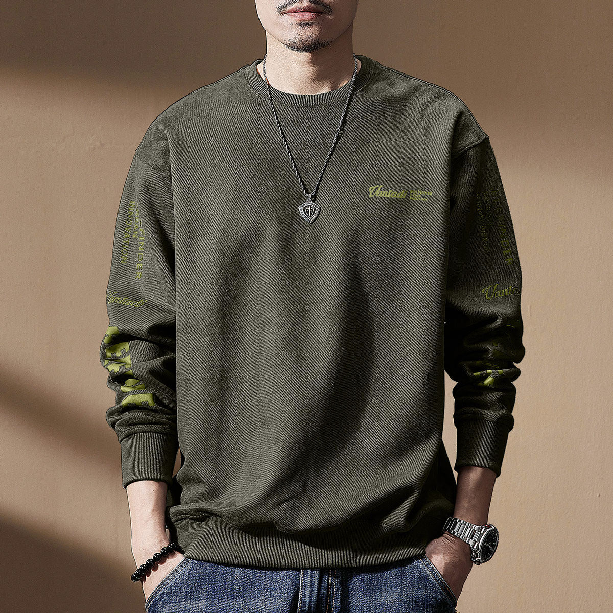 高端重磅380g麂皮绒圆领卫衣男秋季加绒潮牌宽松大码美式长袖男装